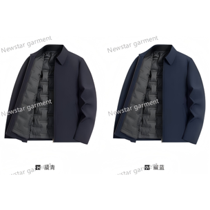 Man  style: 6025     shell: 30 D machine binding stripe, twill, 3 in 1 compound 75 D flowing gauge, lining: intimated silk,  filling: 90% white goose down