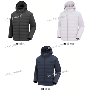 Man     style:6031       shell: 100% polyester: front/back/sides: 5 in 1 compound, sleeves: warp knitting compound; lining: 30T intimated silk; filling: body: 80% white duck down,  collar/hood: 100%polyester