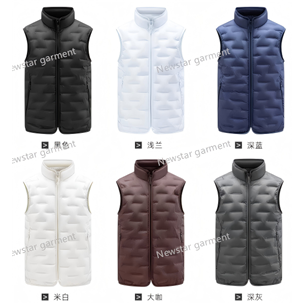 Man vest      style: 7615     shell: 100%polyester,   lining: 100%polyester,   filling: 90% white goose down