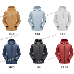 man and woman      soft shell with hood     style: LJ-与雾30        shell: 92%polyester, 8%spandex    lining: polar fleece 100%polyester